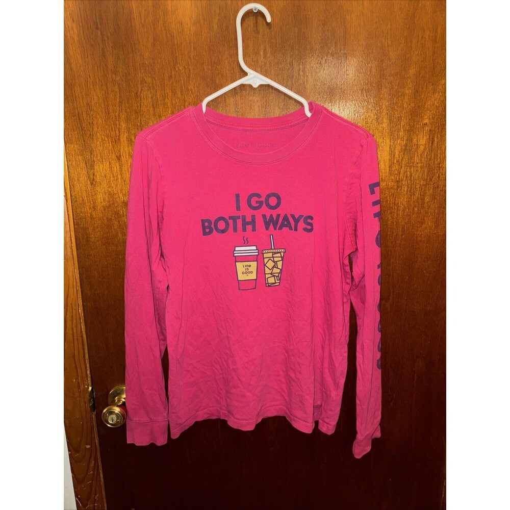 Life Is Good Womens Pink I Go Both Ways Coffee Long Sleeve Shirt Size Small